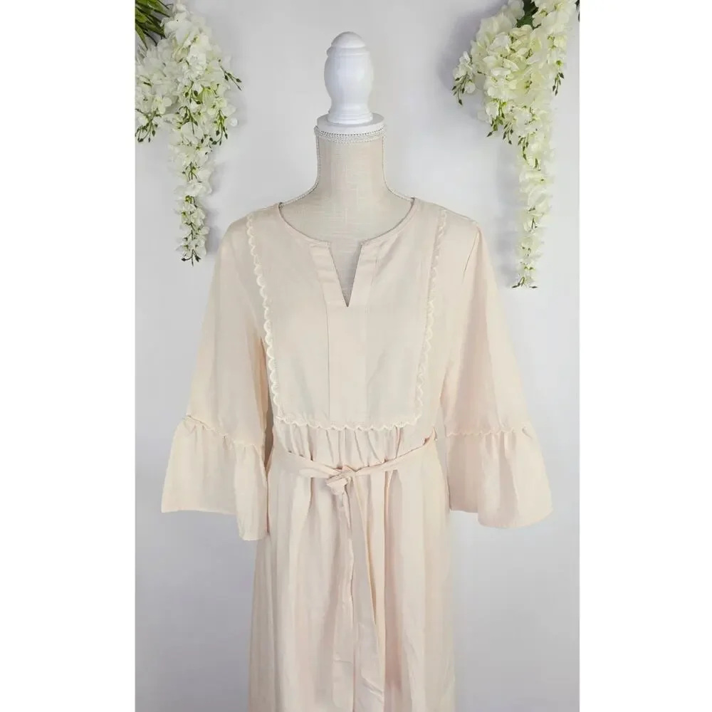 New MEROKEETY Midi Dress Medium Cream Tie Waist Bell Sleeve Cottagecore Milkmaid - Picture 4 of 13